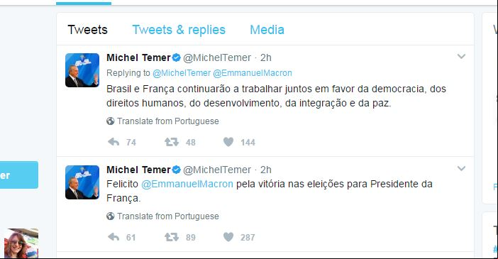 Temer cumprimenta Macron pela vitória no segundo turno das eleições presidenciais na França